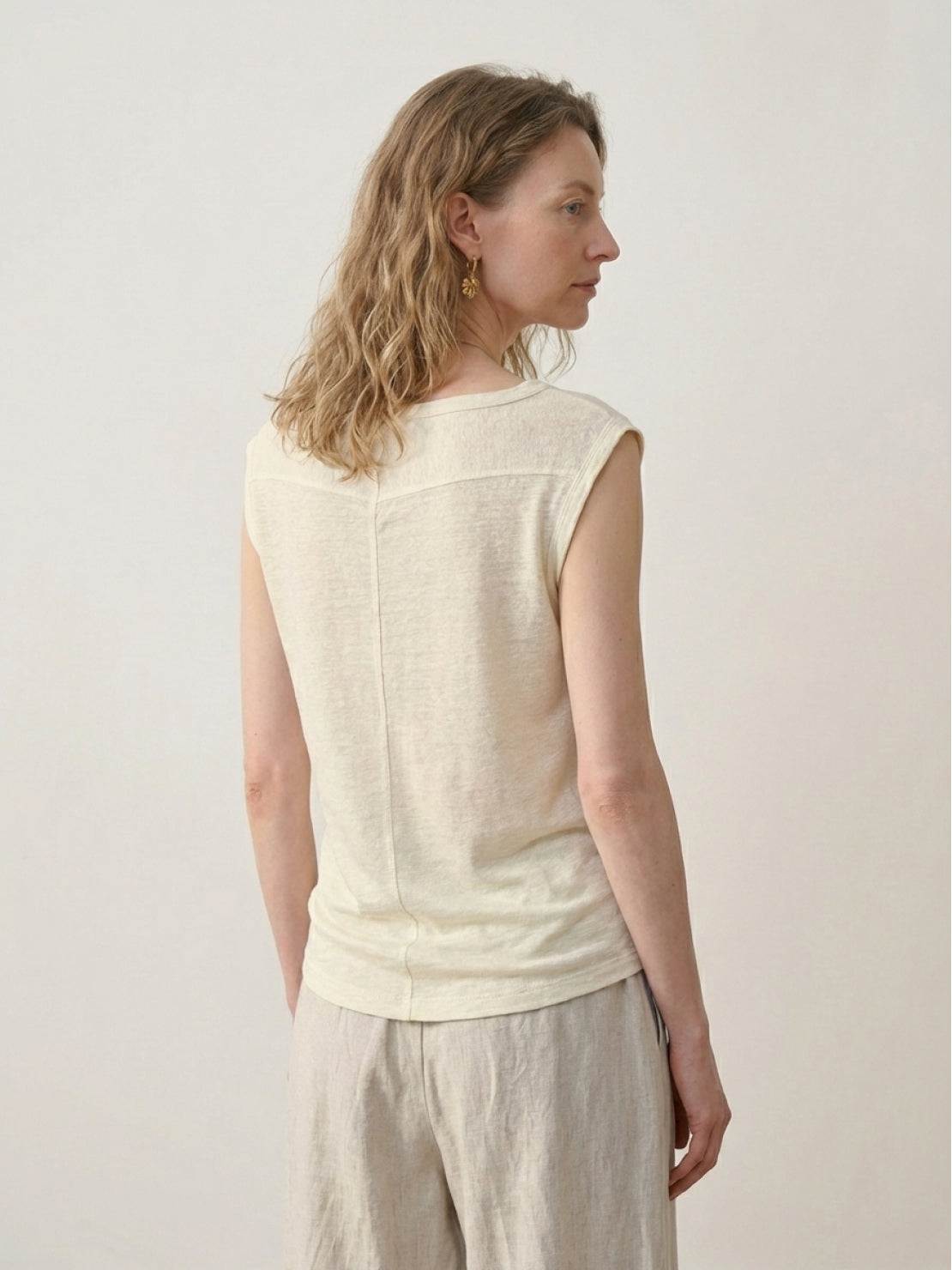 100% linen wide neck vest in cowl drape and boat neck styles, sleeveless with natural textured finish