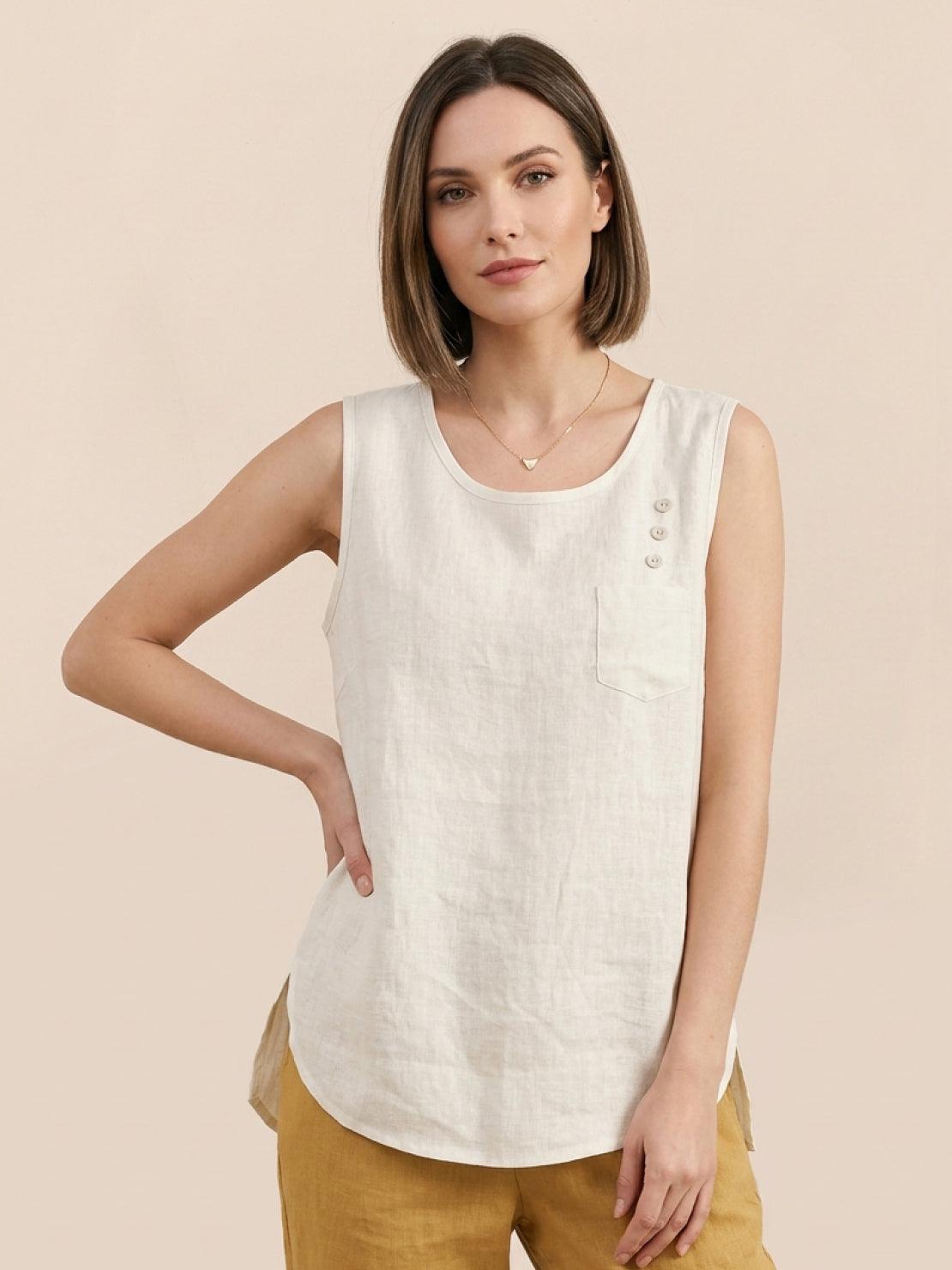 Lightweight 100% cotton linen sleeveless top with chest pocket and curved hem