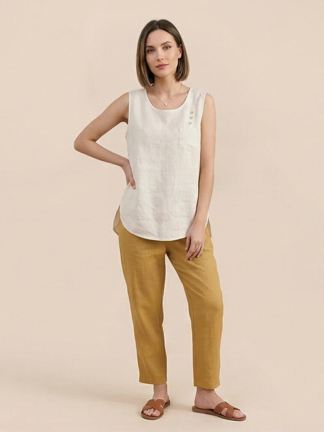 Lightweight cotton linen sleeveless top with chest pocket and curved hem