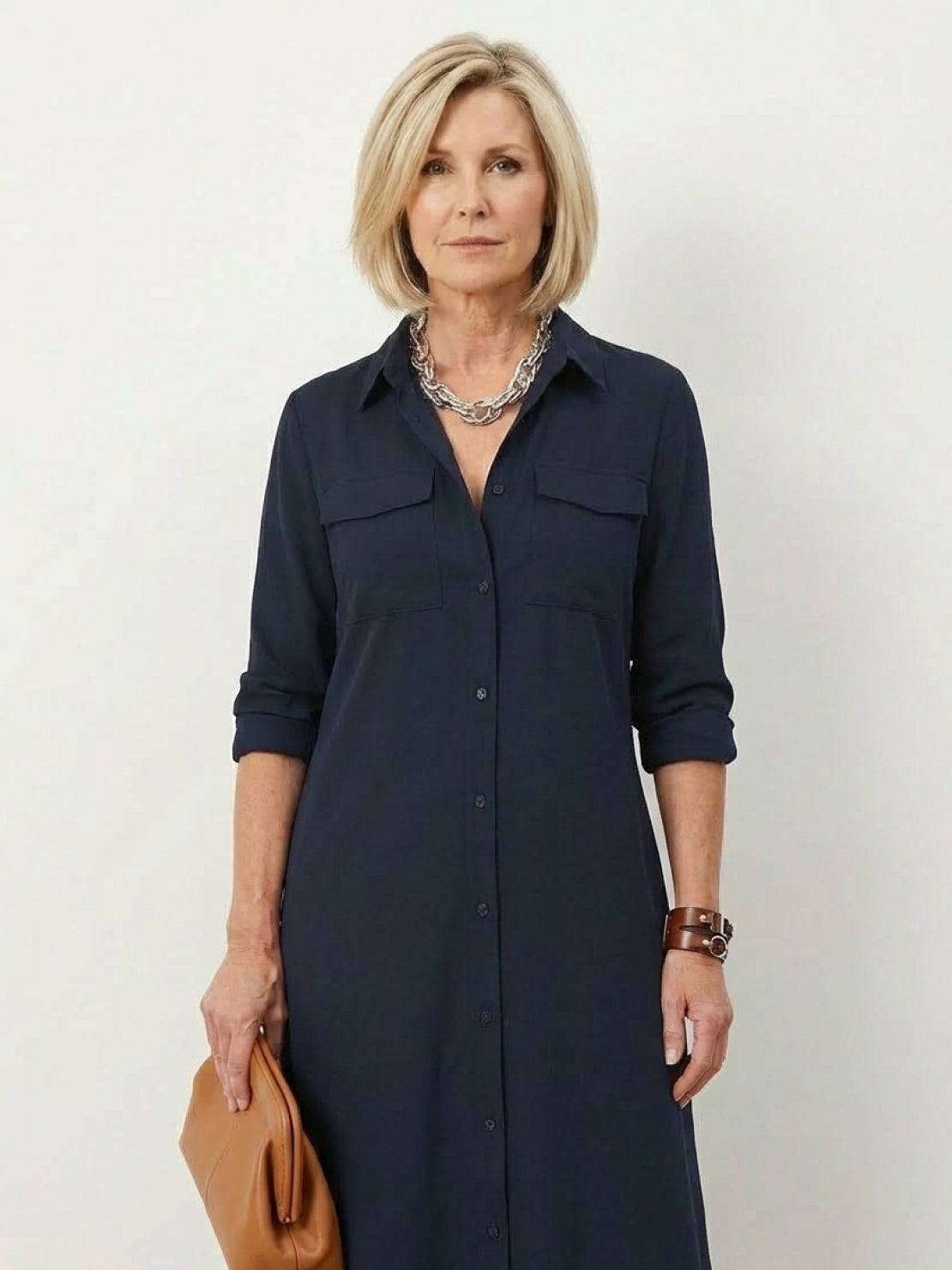 wrinkle-free maxi button-down dress with point collar and chest pockets