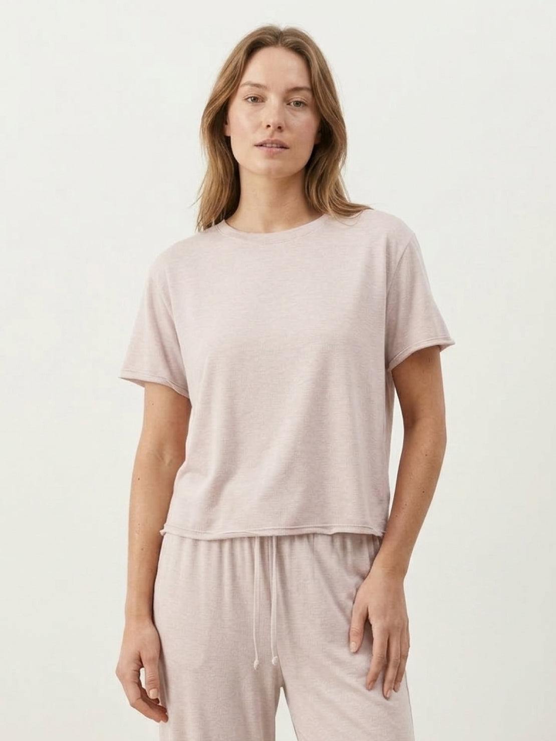 Cotton-linen lounge set with cropped tops and wide-leg pants in breathable fabric