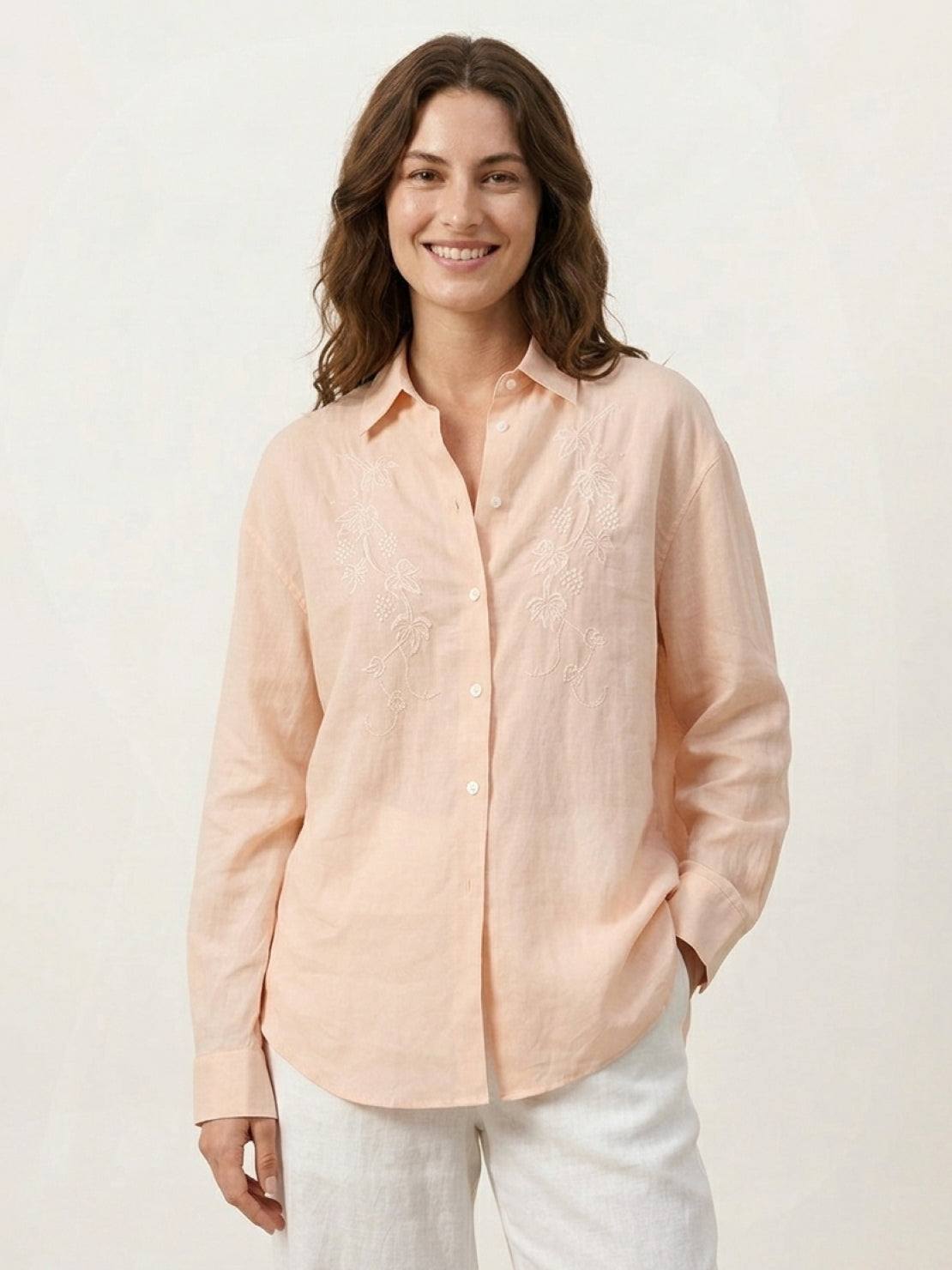 White Ramie Linen-Lyocell embroidered shirt with curved hem and side slits in relaxed tunic fit