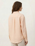 White Ramie Linen-Lyocell embroidered relaxed fit shirt with curved hem and side slits