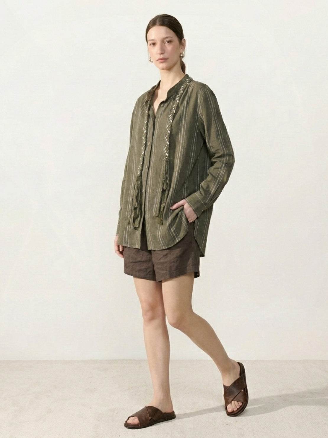 Linen-cotton striped shirt with tassel trim and relaxed fit