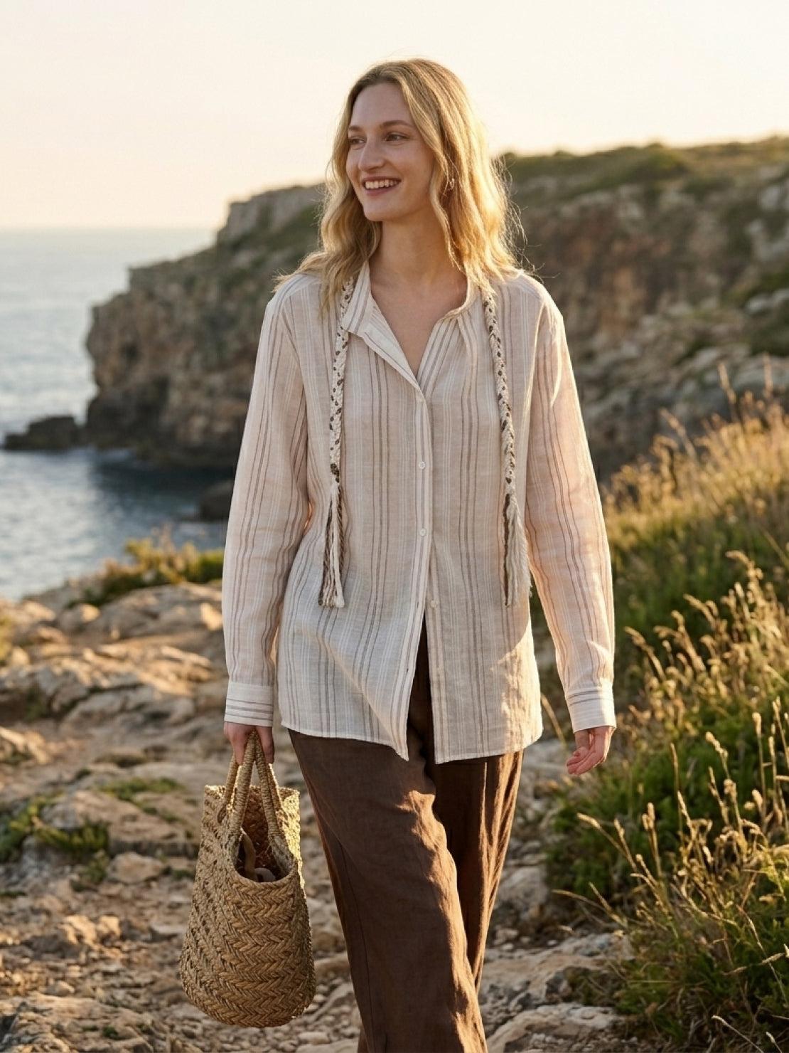 Linen-cotton striped shirt with braided tassel trim and relaxed fit