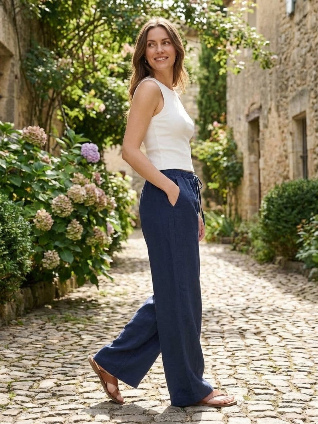 100% linen wide-leg pants with high-rise elastic waistband and drawstring tie, floor-length, side pockets, and relaxed fit