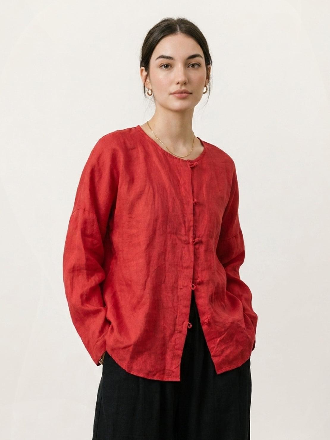 Oversized 100% linen blouse with frog-button closure and collarless neckline