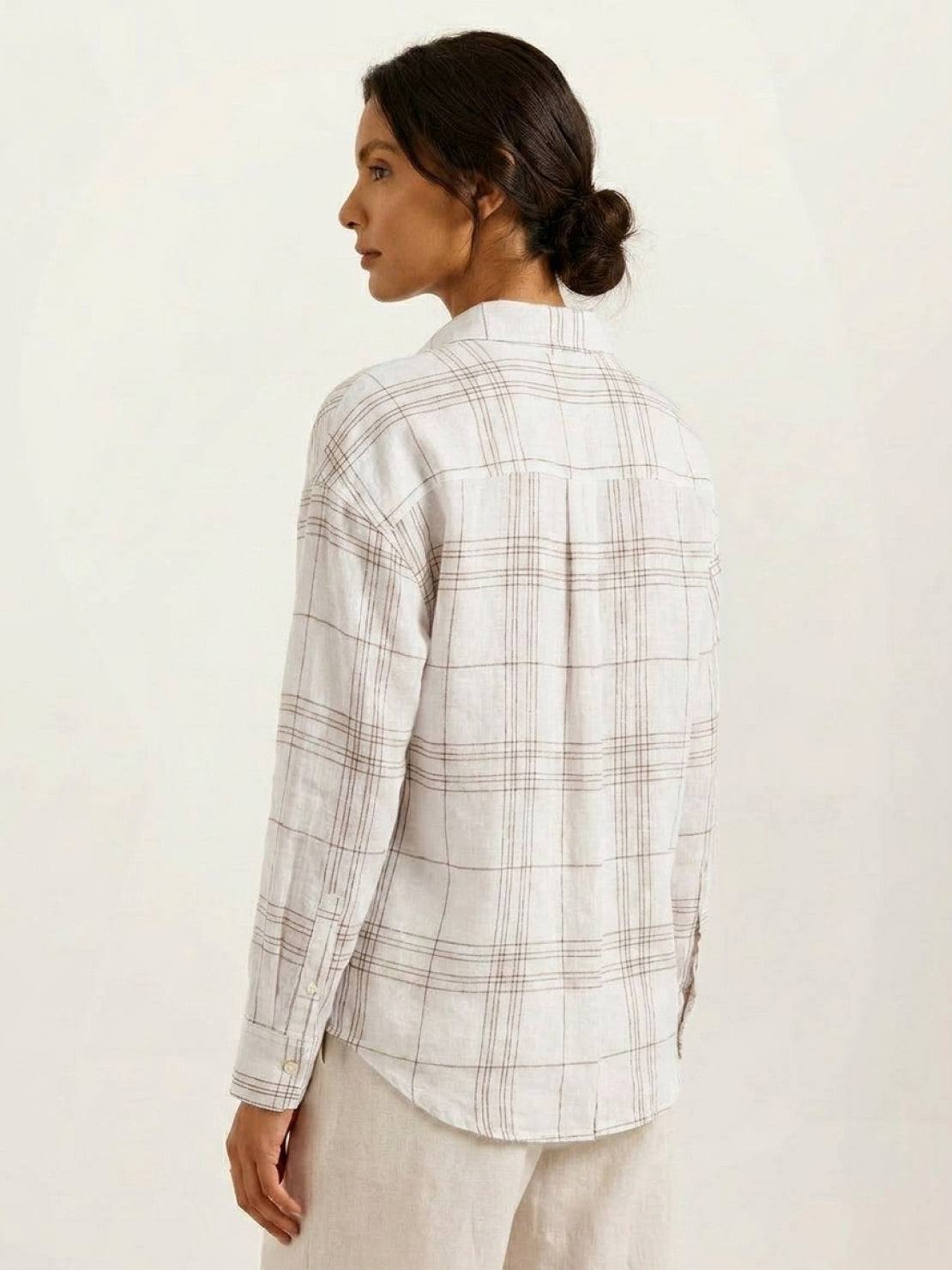 Lightweight 100% cotton sheer plaid shirt with drop shoulder and mother-of-pearl buttons