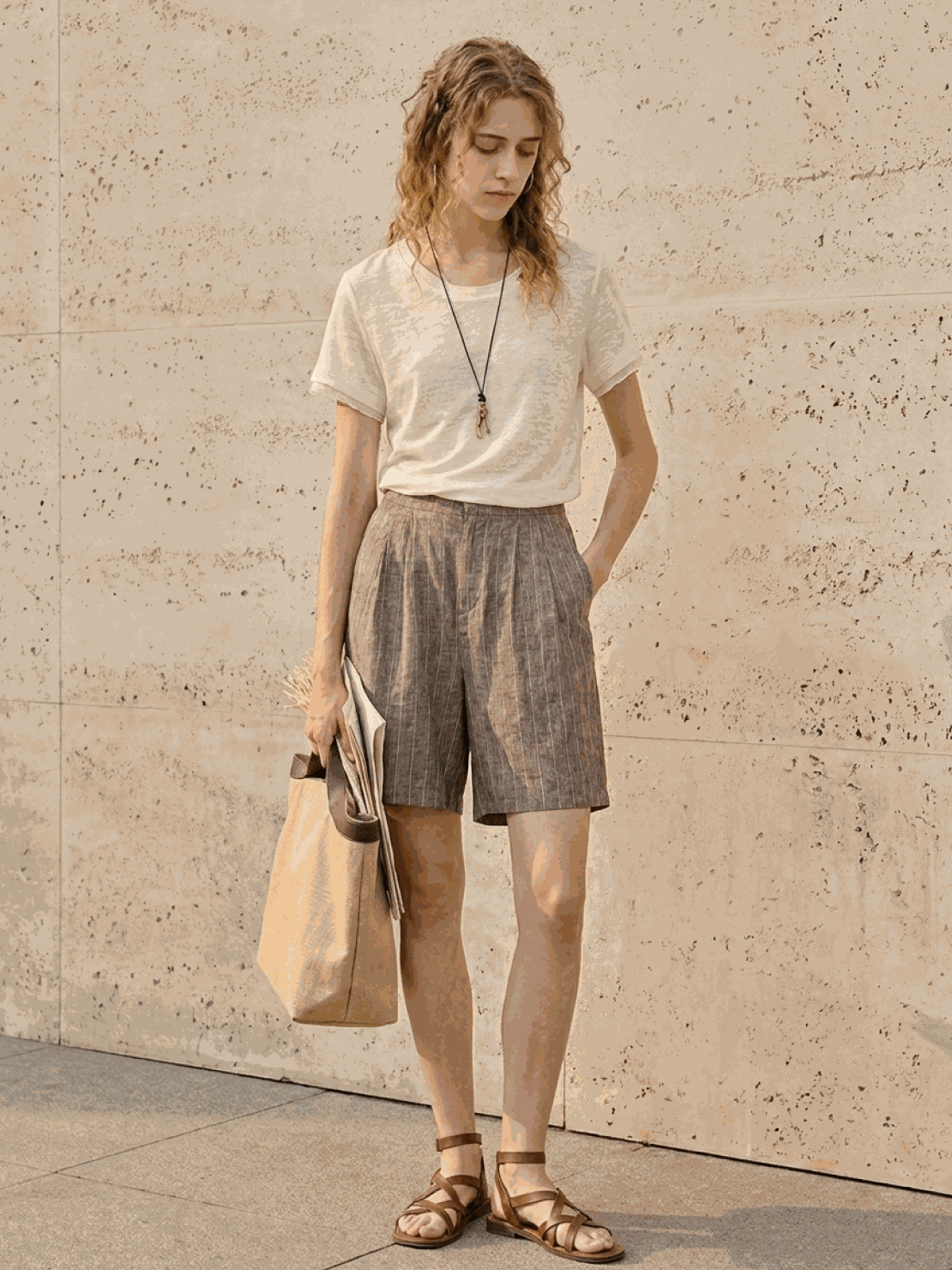White 100% linen rolled cuff tee with fitted cut and contrast inner lining sleeves