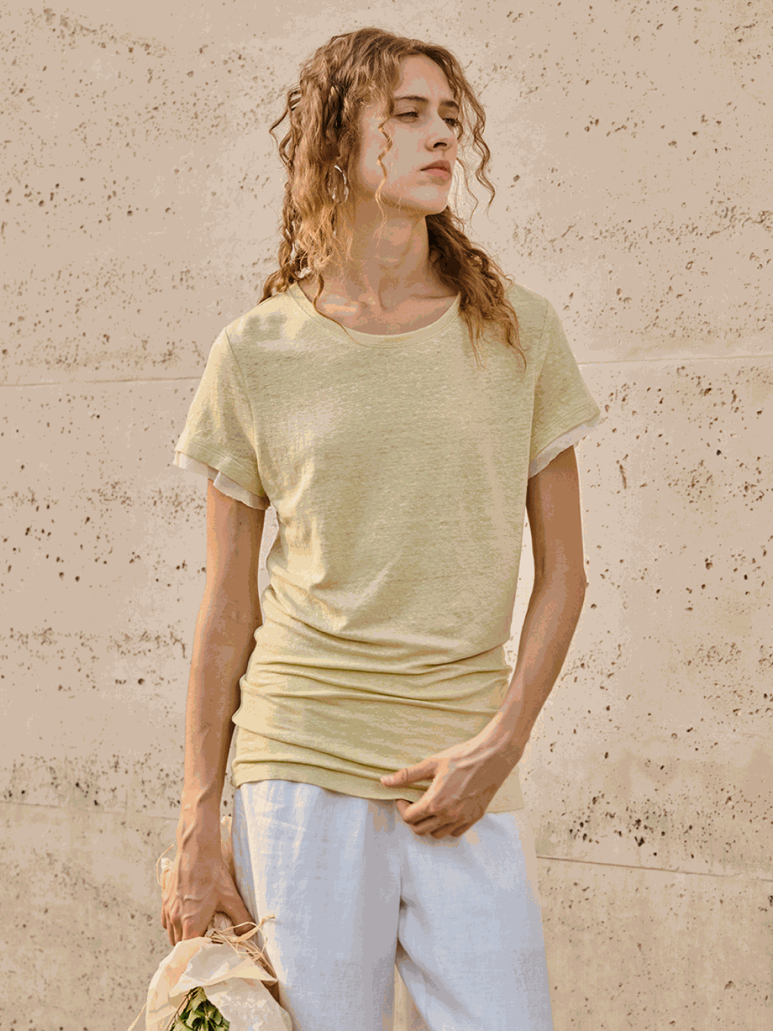 White 100% linen rolled cuff tee with contrast inner lining, lightweight and breathable