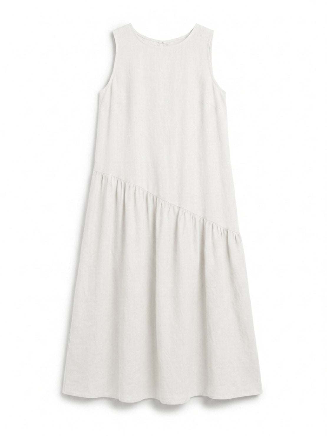 Cotton-linen summer midi dress with tiered skirt and relaxed drop-waist silhouette in light fabric
