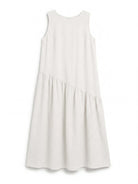 Cotton-linen summer midi dress with tiered skirt and relaxed drop-waist silhouette in light fabric