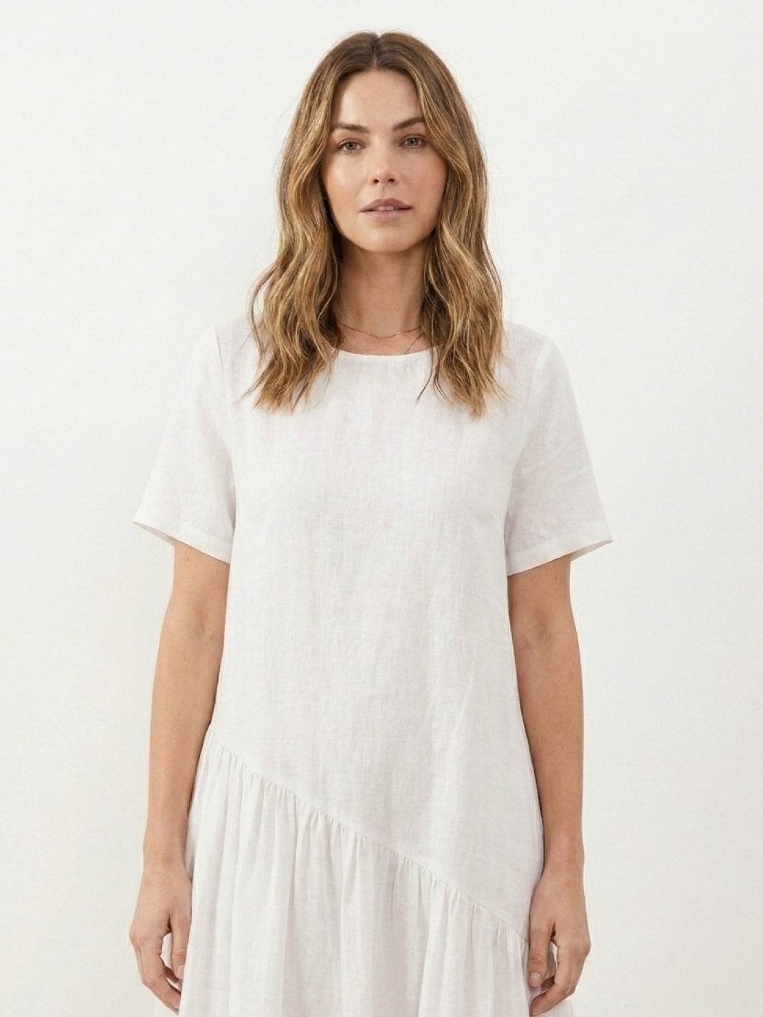 Cotton-linen summer midi dress with tiered skirt and relaxed drop-waist silhouette in lightweight fabric