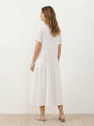 Lightweight cotton-linen summer midi dress with tiered skirt and relaxed drop-waist silhouette