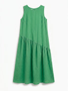 Cotton-linen summer midi dress with tiered skirt and relaxed drop-waist silhouette in lightweight fabric