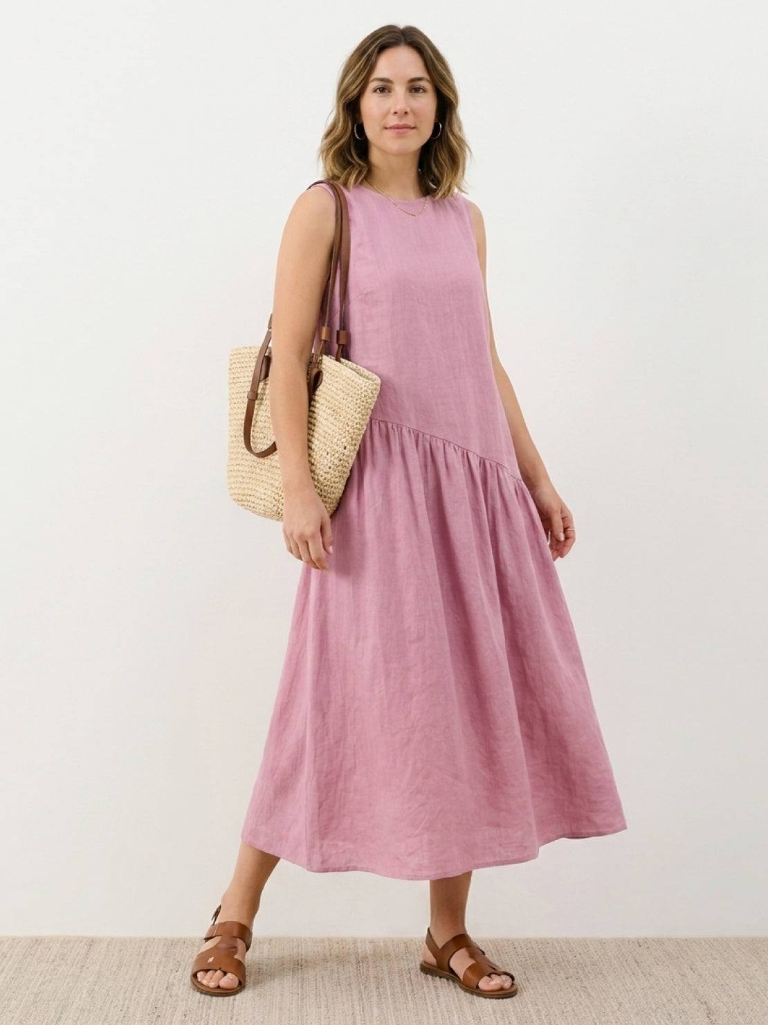 Cotton-linen summer midi dress with tiered skirt and relaxed drop-waist silhouette in lightweight fabric