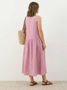 Lightweight cotton-linen summer midi dress with tiered skirt and relaxed drop-waist silhouette