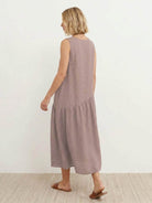 Lightweight cotton-linen summer midi dress with tiered skirt and relaxed drop-waist fit
