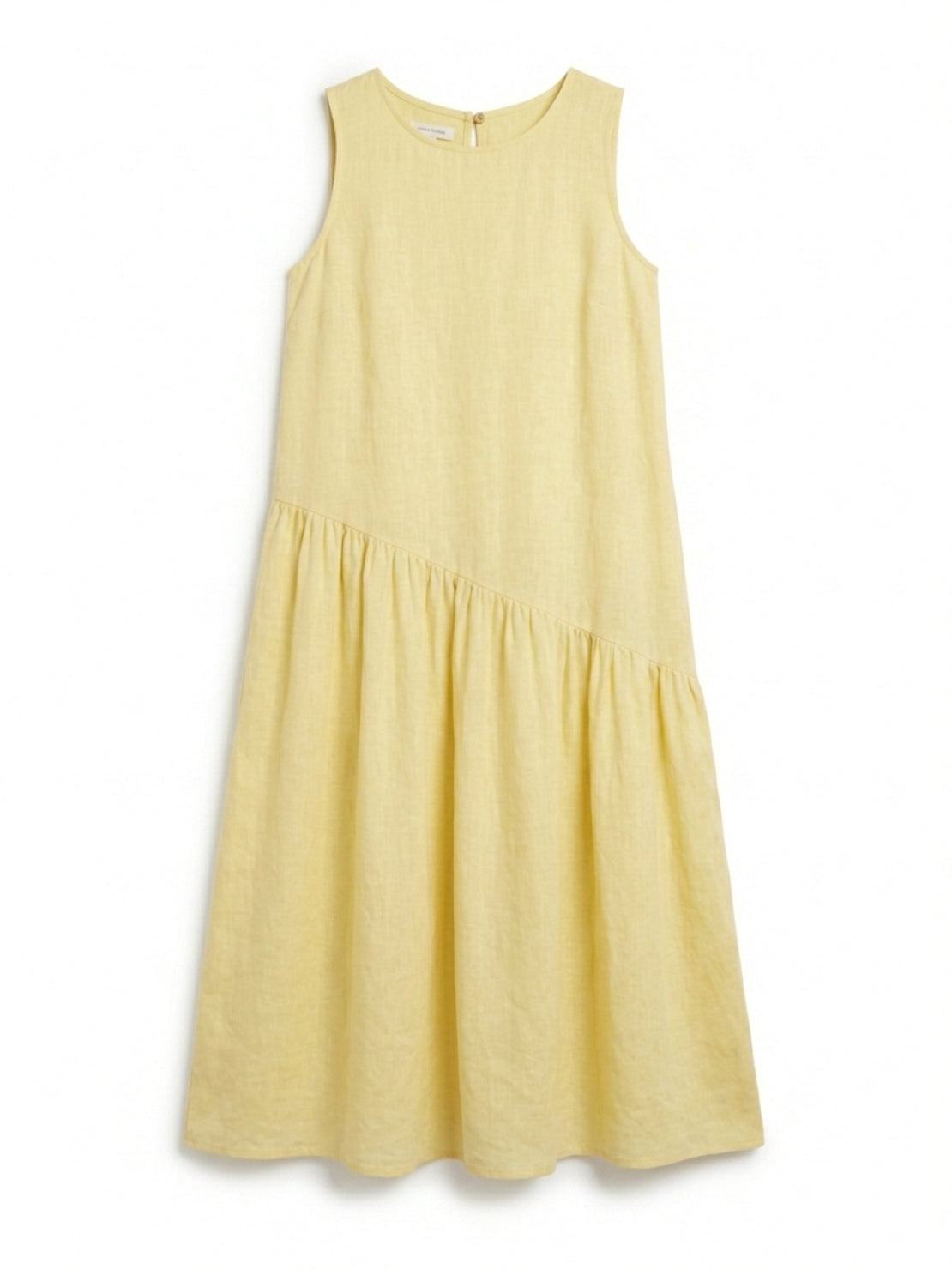 Cotton-linen summer midi dress with tiered skirt and relaxed drop-waist silhouette in natural fabric blend