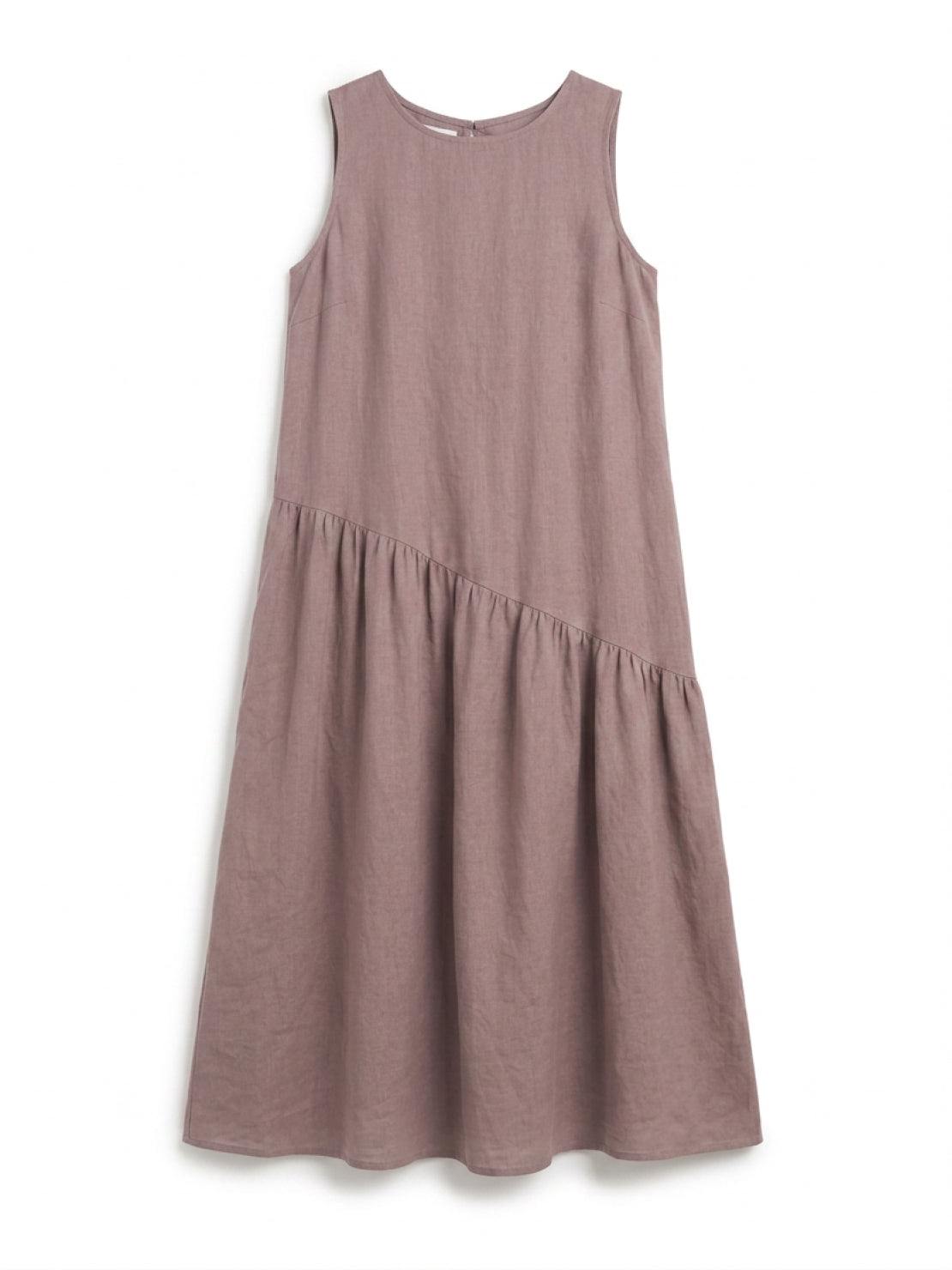 Cotton-linen summer midi dress with tiered skirt and relaxed drop-waist silhouette in lightweight fabric