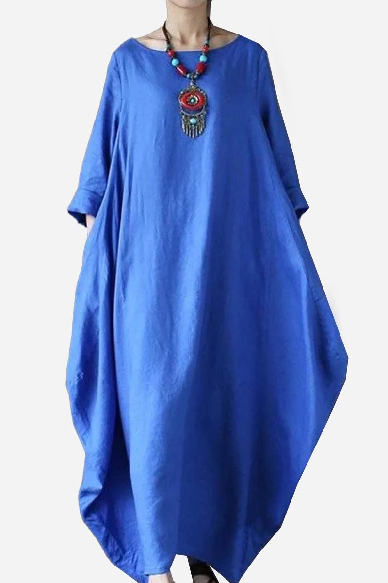 Loose fit blue bohemian maxi dress in breathable linen blend with long sleeves and oversized silhouette