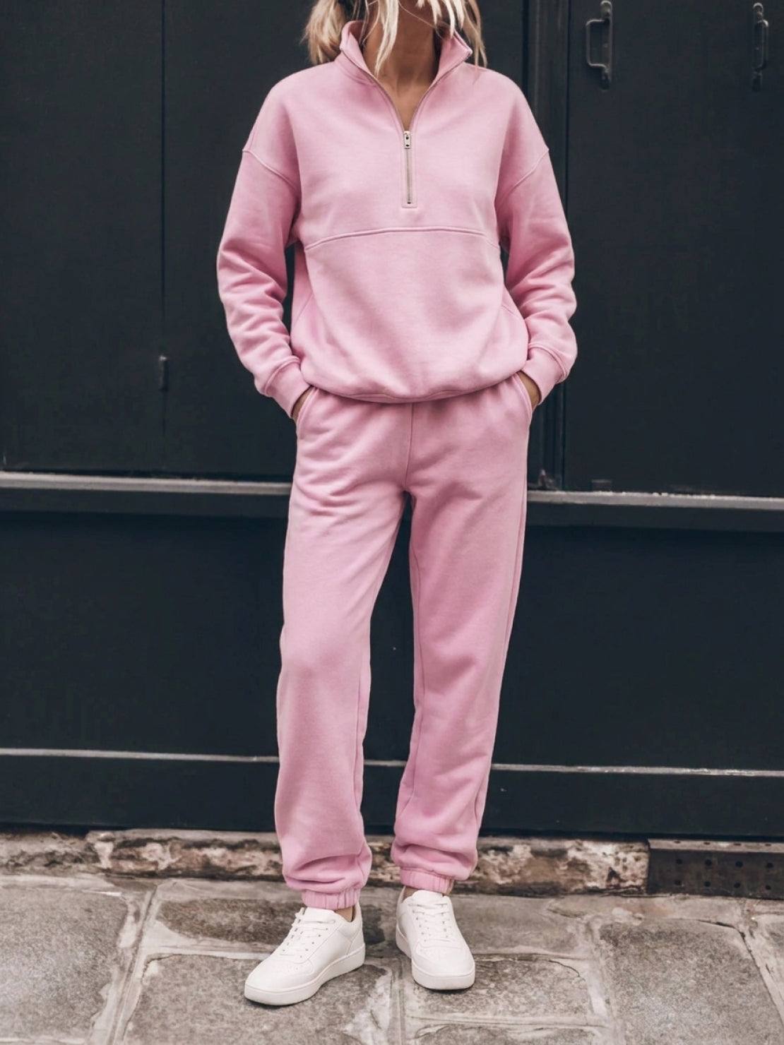 cotton-blended two-piece tracksuit with zip-front top and straight-leg pants in relaxed fit
