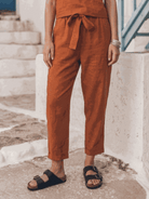 Breathable cotton-linen set with relaxed short-sleeve top and straight-leg pants in a natural monochrome palette