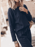 three-piece cotton-linen set with relaxed short-sleeve top and straight-leg pants in monochrome