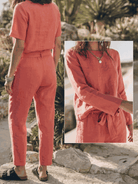 Cotton-linen set three-piece capsule with relaxed short-sleeve top and straight-leg pants in monochrome palette