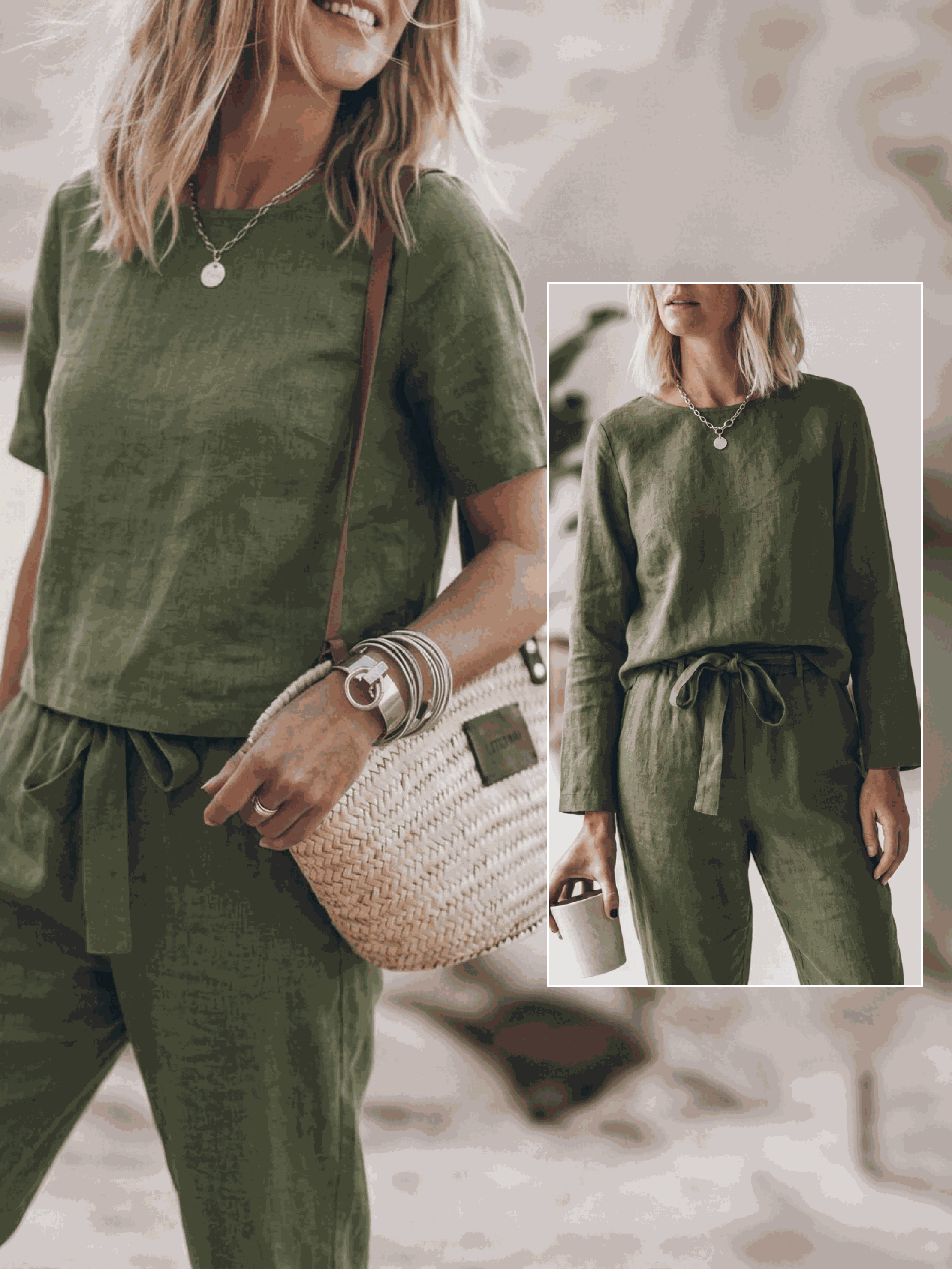 Cotton-linen set with relaxed short-sleeve top and straight-leg pants in soft breathable fabric