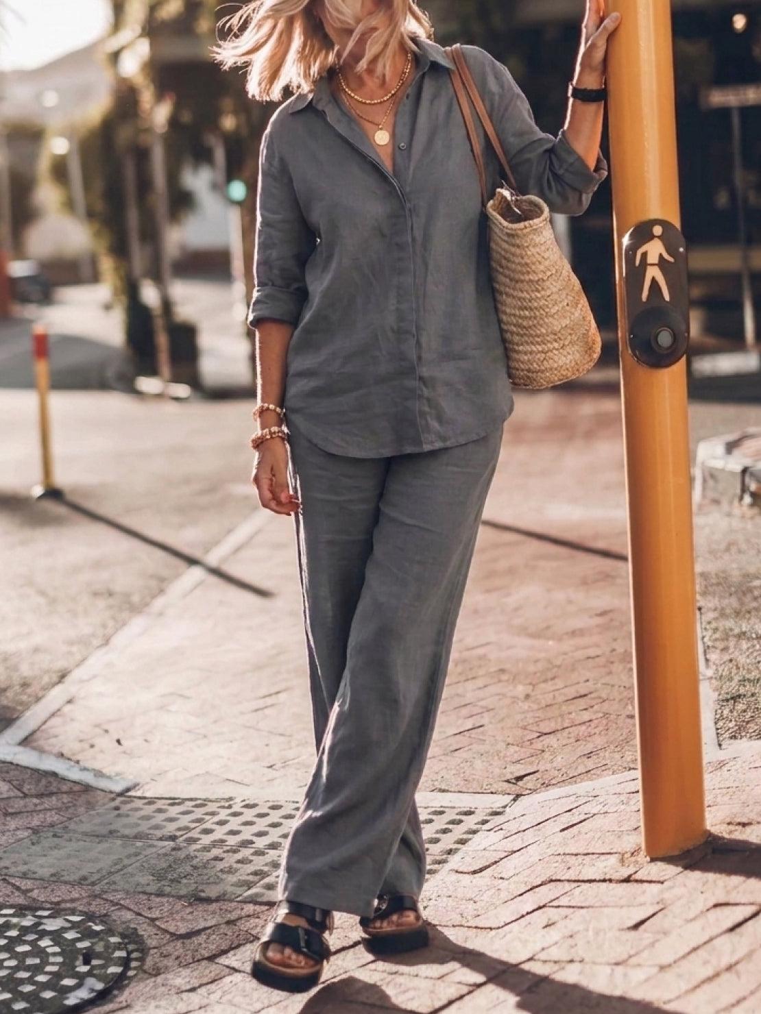Model wearing oversized 100% cotton shirt and wide-leg pants co-ord set in relaxed fit