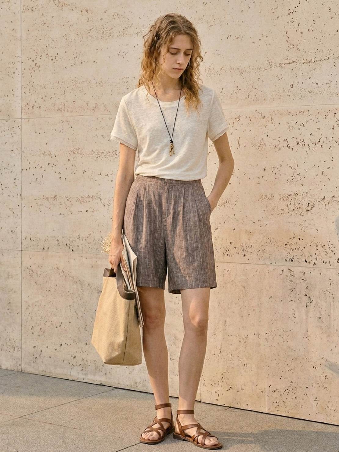 100% linen rolled cuff tee with relaxed scoop neckline and contrast inner lining