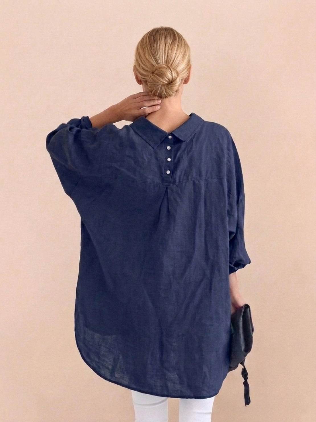 oversized relaxed fit 100% cotton linen shirt with dropped shoulders and back pleat detail