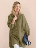 Oversized linen shirt in breathable cotton-linen blend with relaxed fit and button back detail