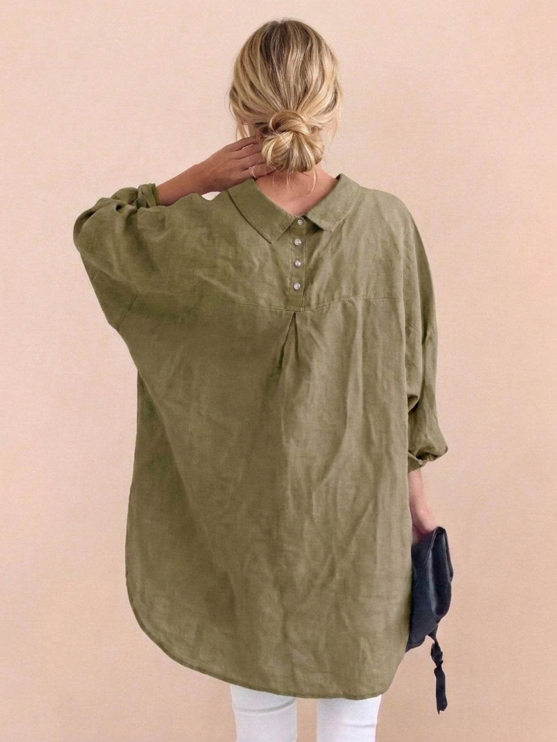 oversized relaxed cotton linen shirt with dropped shoulders and back pleat detail