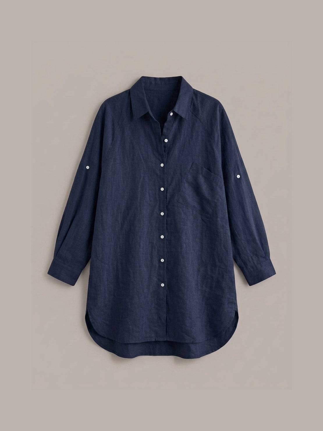 oversized relaxed fit cotton linen shirt with dropped shoulders and back pleat detail