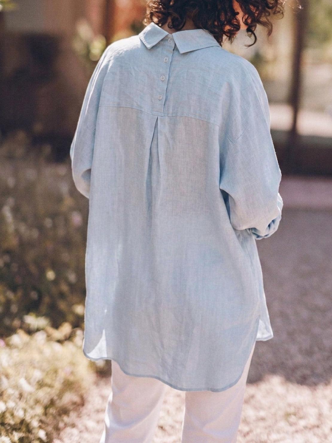relaxed oversized 100% cotton linen shirt with dropped shoulders and back pleat detail