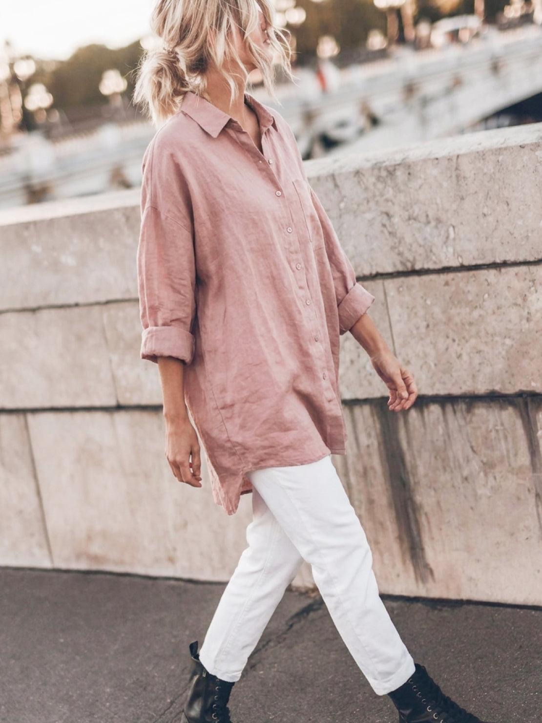 Relaxed oversized 100% cotton linen shirt with dropped shoulders and back pleat detail