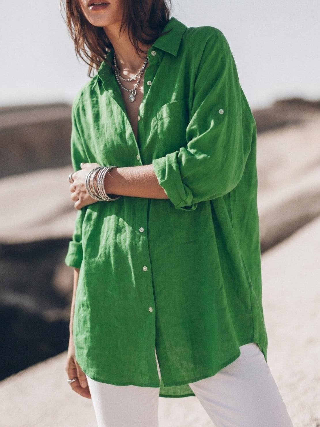 oversized relaxed cotton linen shirt with dropped shoulders and back pleat detail