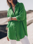 oversized relaxed cotton linen shirt with dropped shoulders and back pleat detail