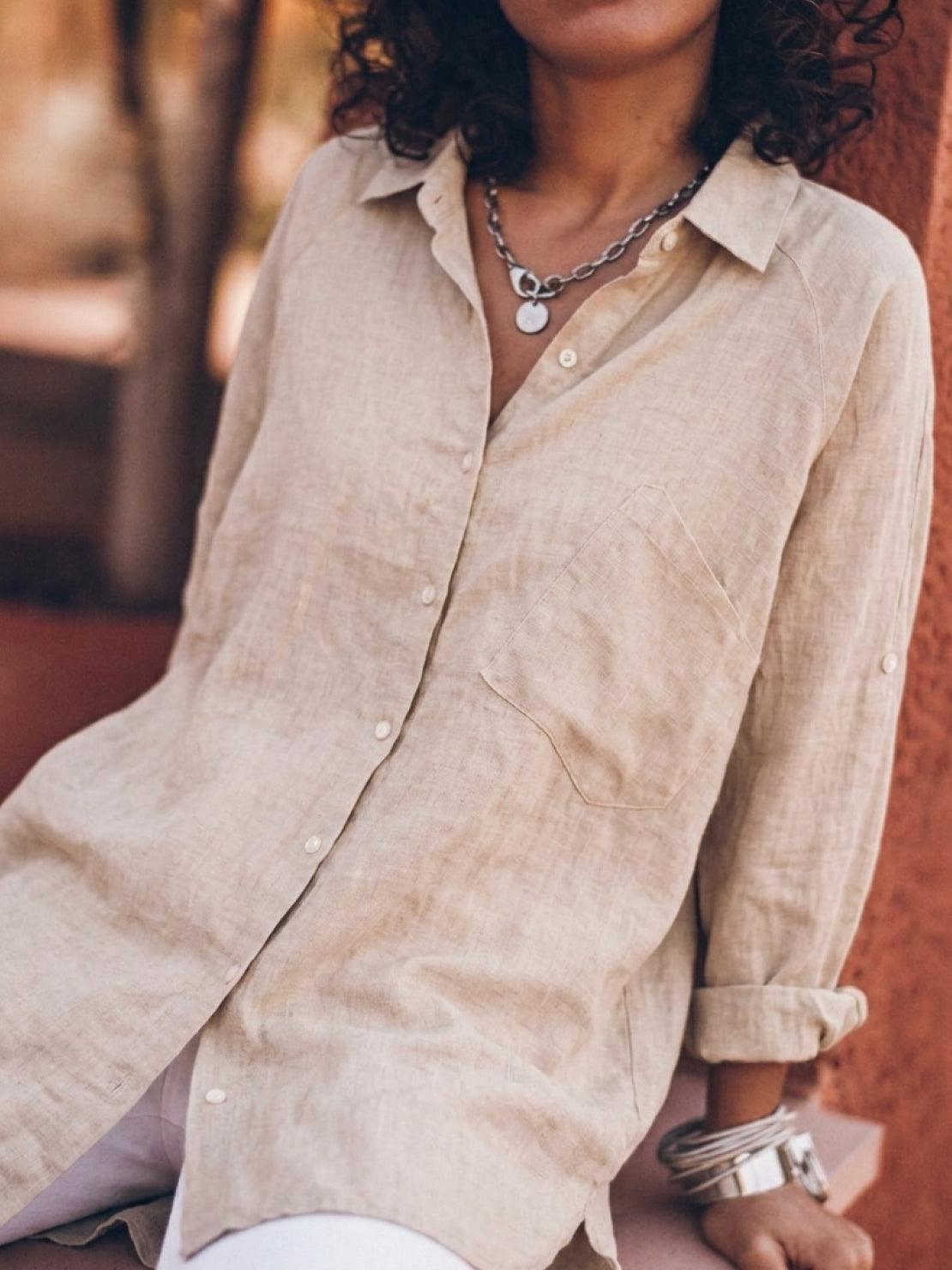 Relaxed oversized 100% cotton linen shirt with dropped shoulders and back pleat detail