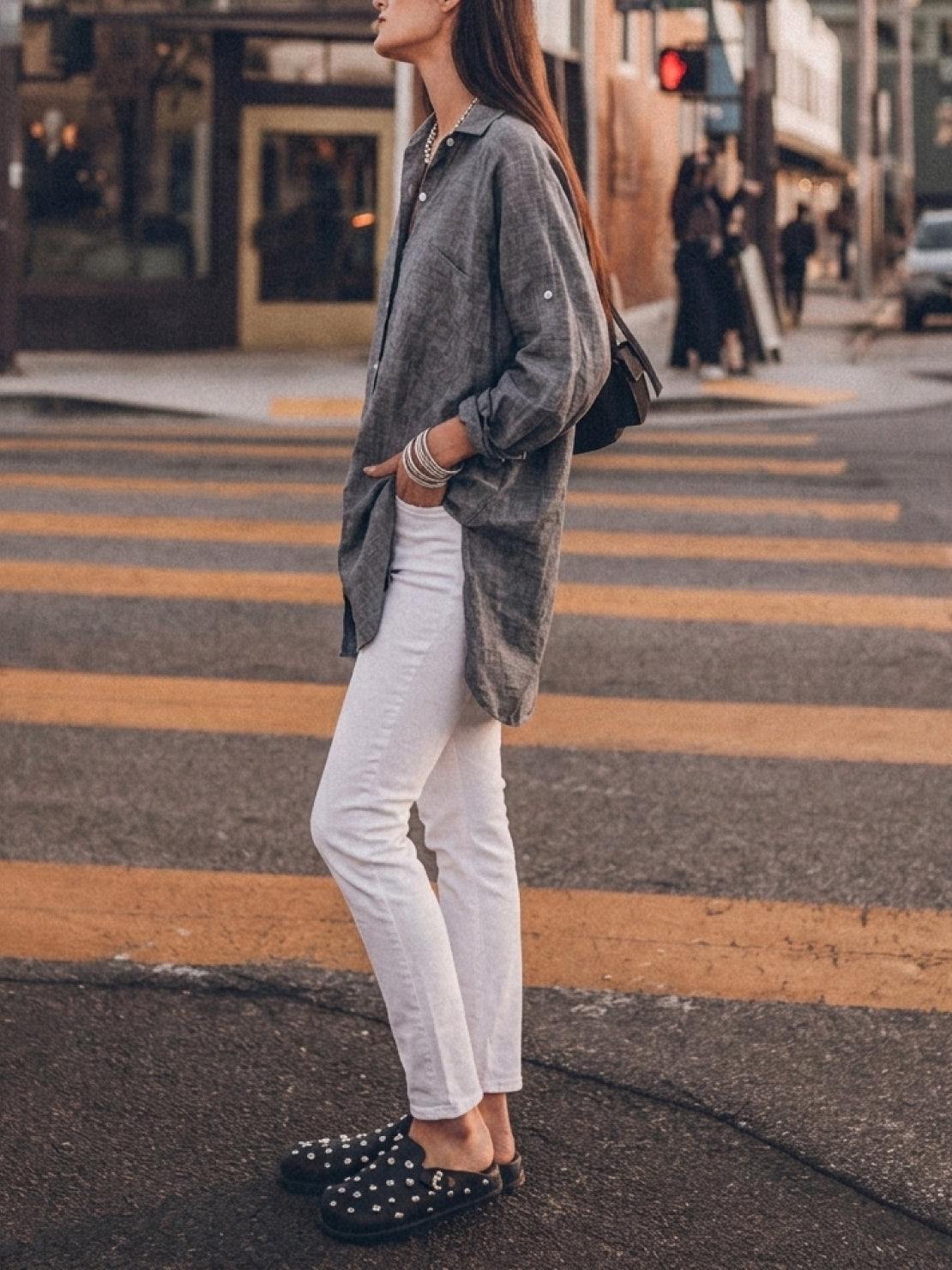 Oversized relaxed cotton linen shirt with dropped shoulders and back pleat detail