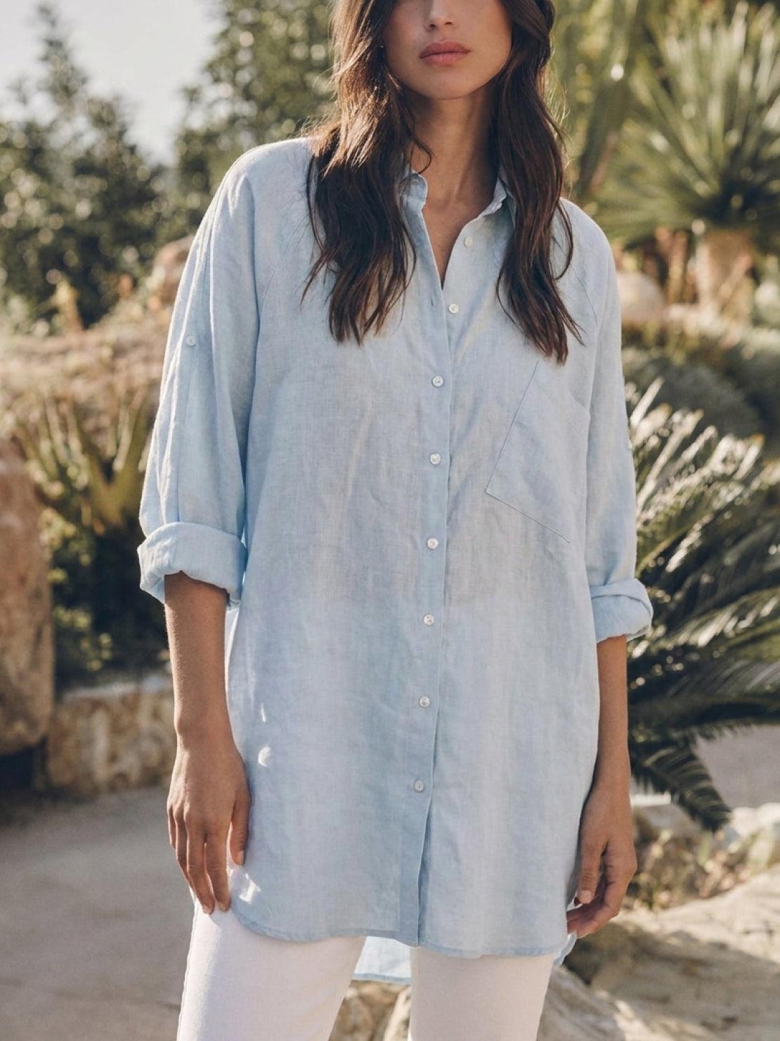 relaxed oversized 100% cotton linen shirt with dropped shoulders and back pleat detail