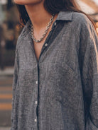 relaxed oversized 100% cotton linen shirt with dropped shoulders and back pleat detail