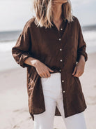relaxed oversized 100% cotton linen shirt with dropped shoulders and back pleat detail
