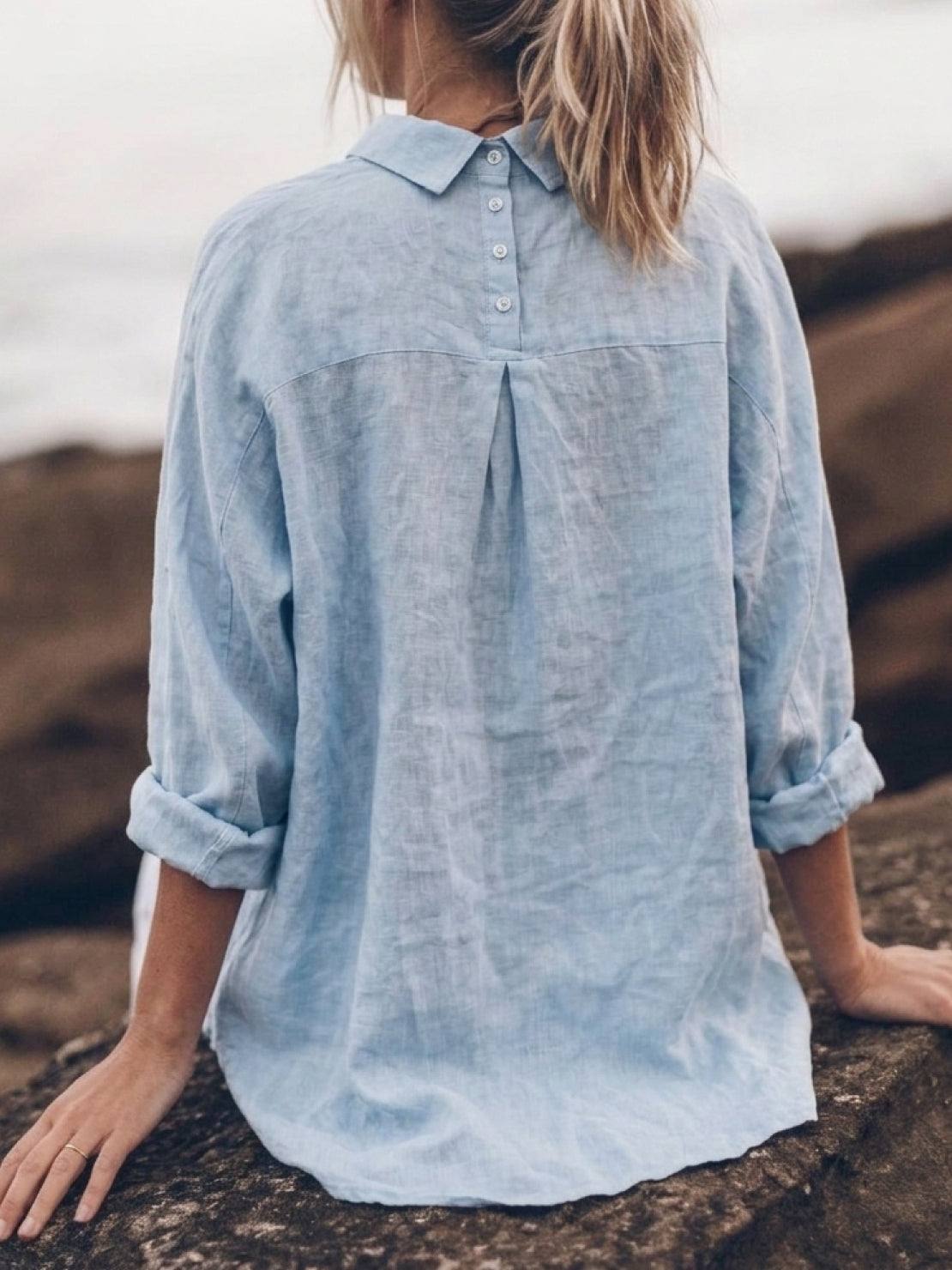 relaxed oversized 100% cotton linen shirt with dropped shoulders and signature back pleat detail