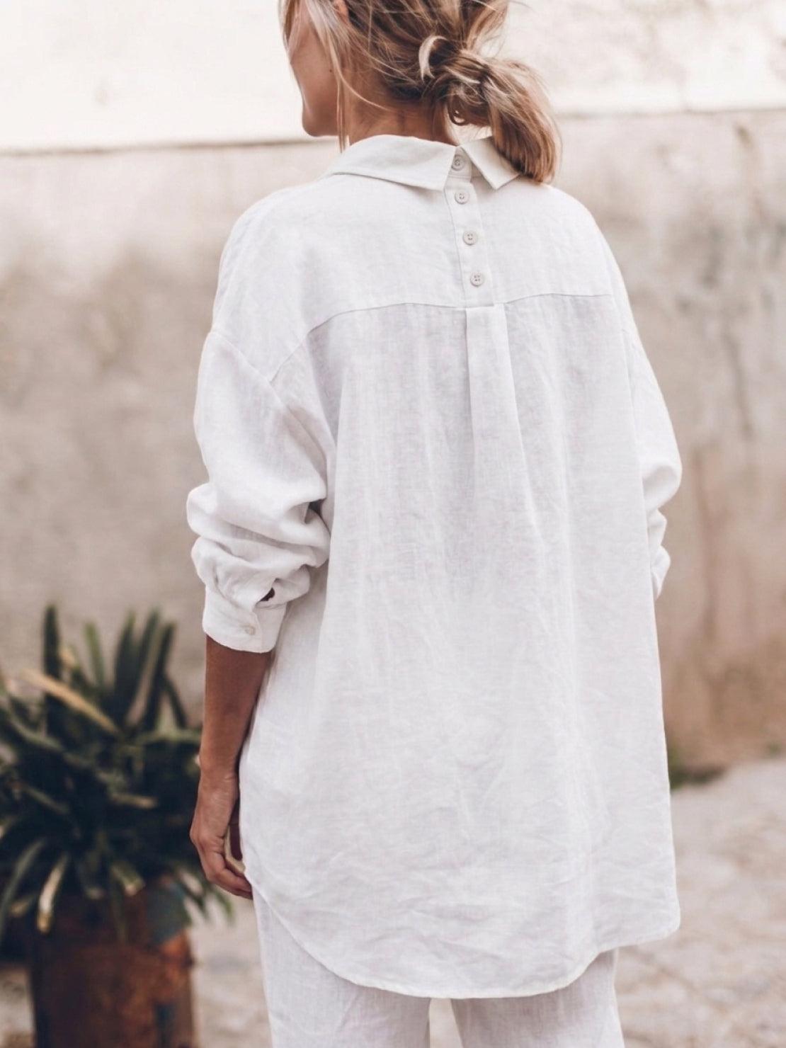 Relaxed oversized 100% cotton linen shirt with dropped shoulders and back pleat detail