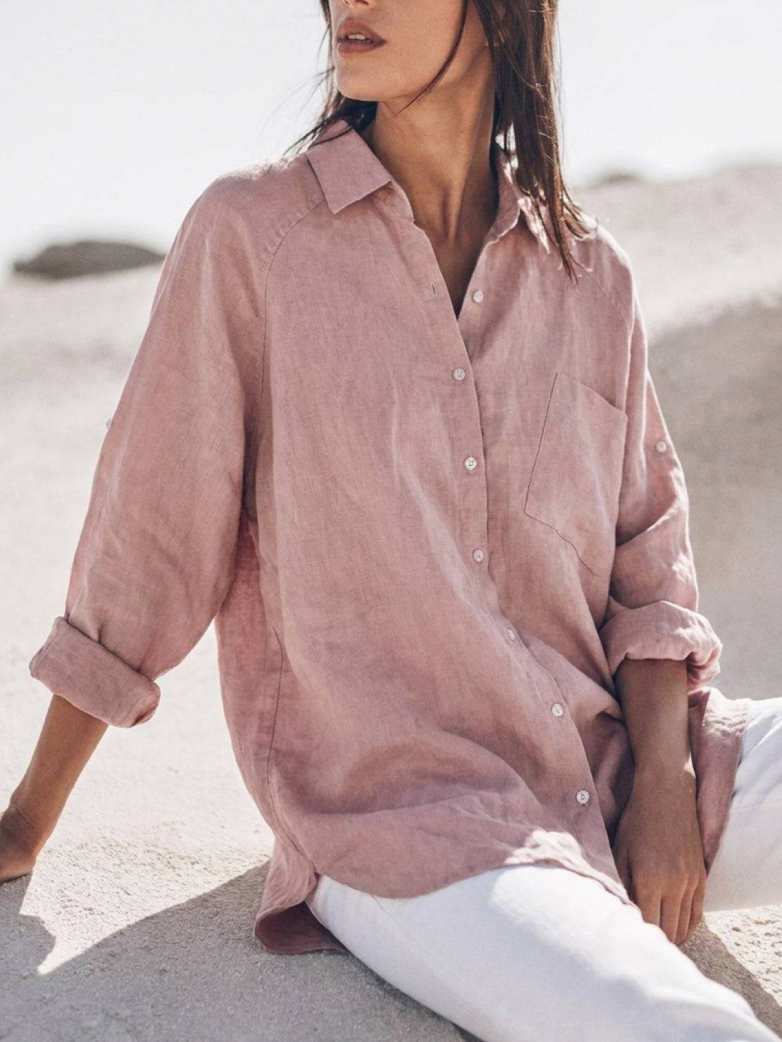 relaxed oversized 100% cotton linen shirt with dropped shoulders and back pleat detail