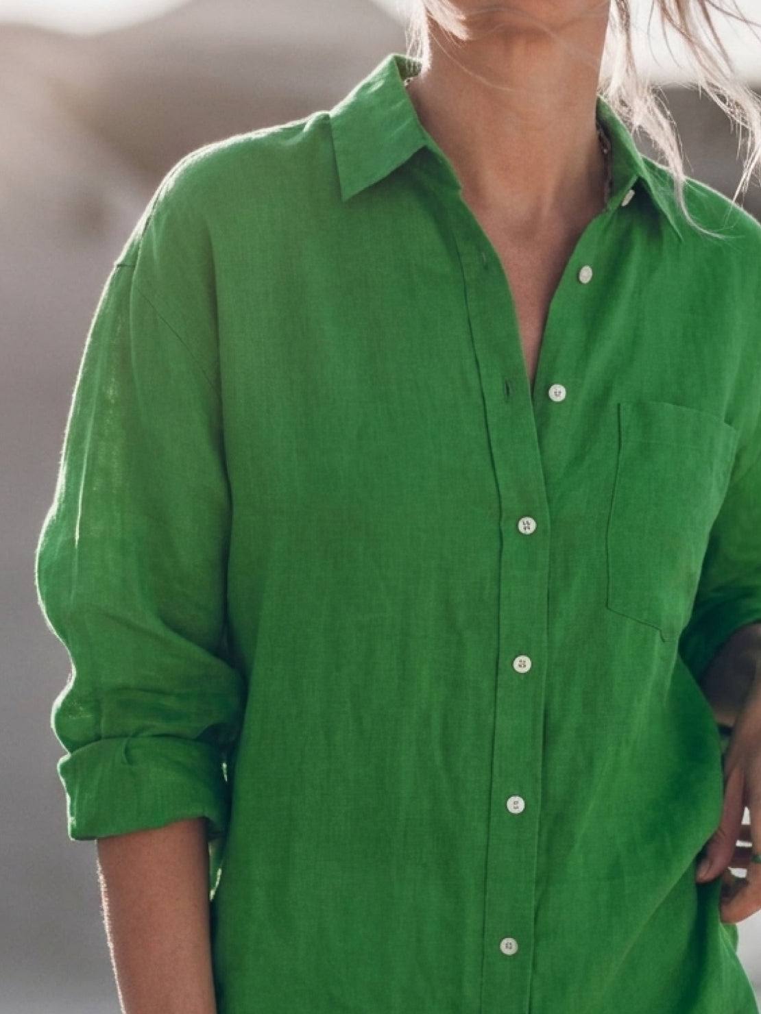relaxed oversized 100% cotton linen shirt with dropped shoulders and back pleat detail