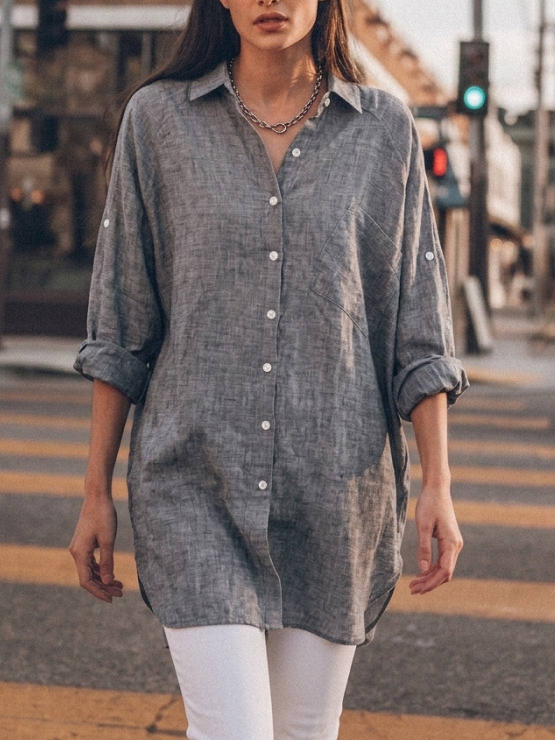Relaxed oversized 100% cotton linen shirt with dropped shoulders and back pleat detail